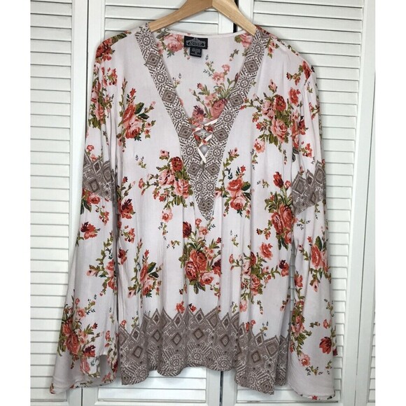 Angie Size S Tunic Top Pullover Tunic Boho Rayon Bell Sleeve Mixed Floral Hippie - Picture 7 of 8